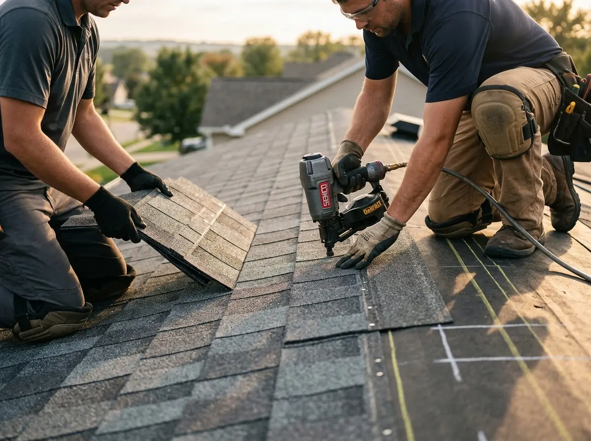 Professional roofer working on a residential roof in Herkimer